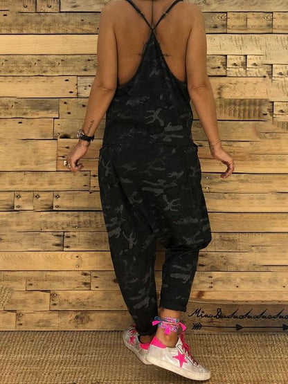 V-neck Camouflage Print Suspender Jumpsuit - LuckyFash™