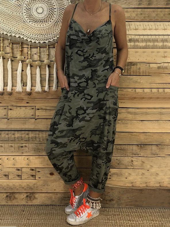 V-neck Camouflage Print Suspender Jumpsuit - LuckyFash™