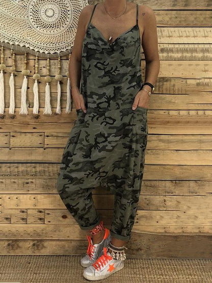 V-neck Camouflage Print Suspender Jumpsuit - LuckyFash™