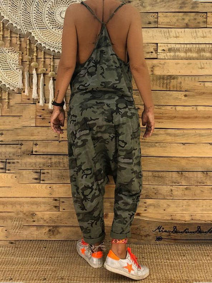 V-neck Camouflage Print Suspender Jumpsuit - LuckyFash™