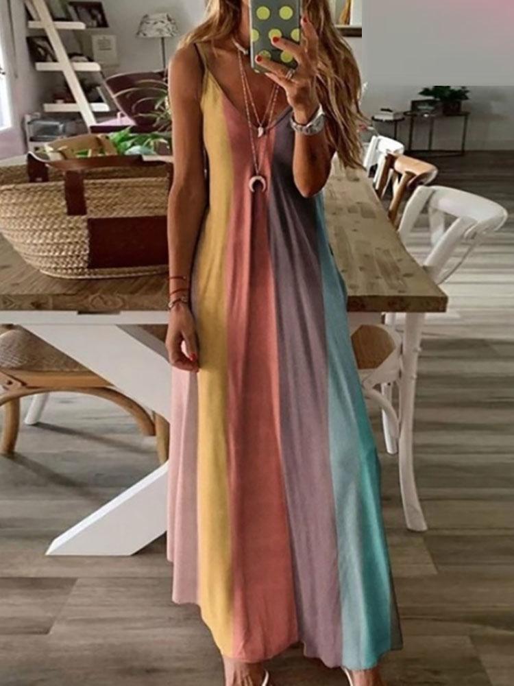 V-Neck Colorblock Casual Maxi Dress - LuckyFash™