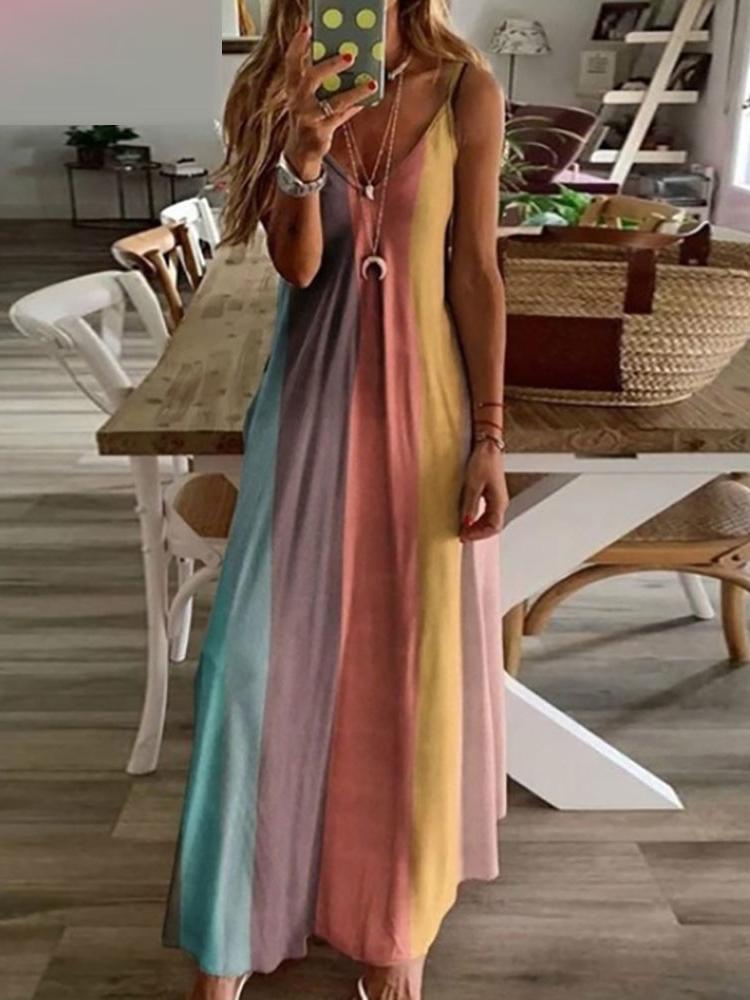 V-Neck Colorblock Casual Maxi Dress - LuckyFash™
