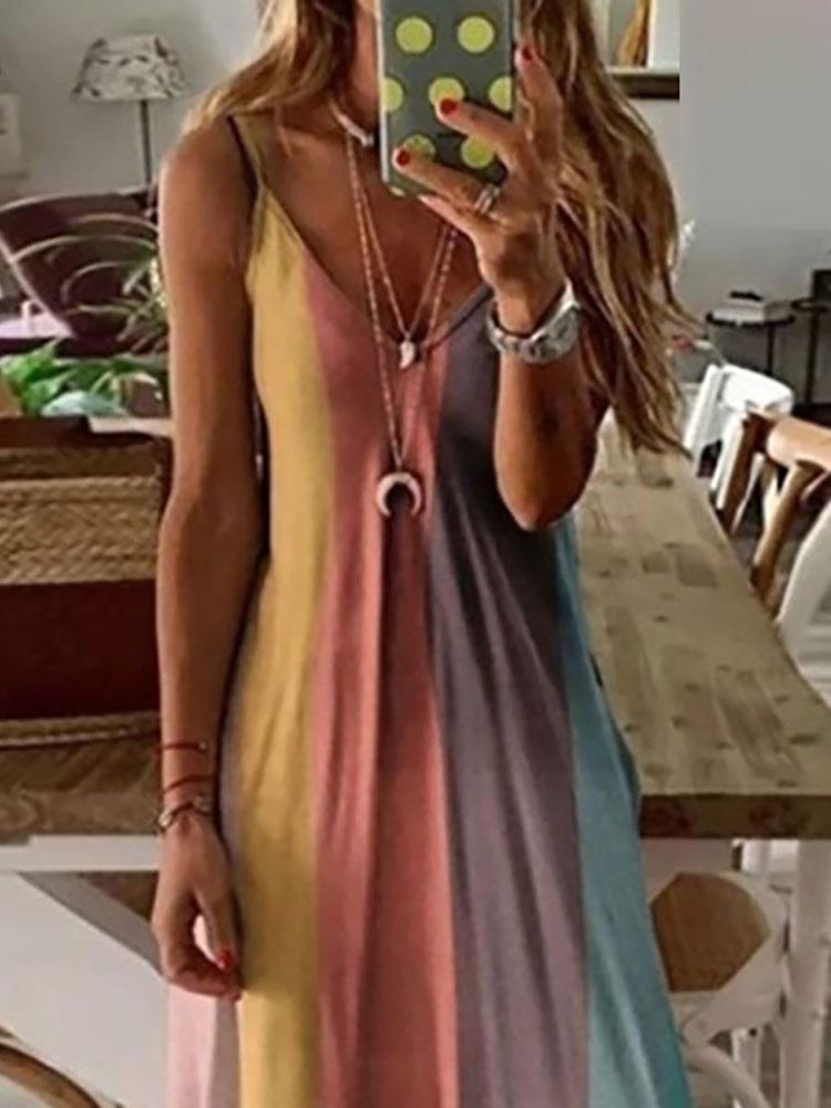 V-Neck Colorblock Casual Maxi Dress - LuckyFash™