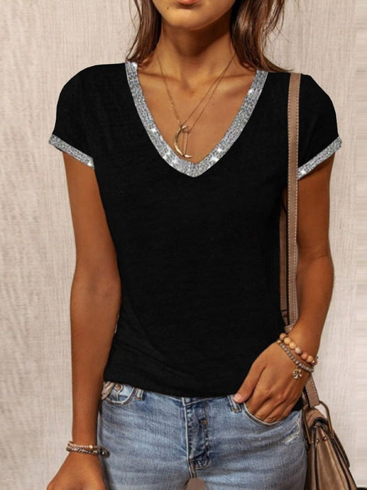 V-Neck Contrast Color Slim Short Sleeve T-Shirt - LuckyFash™
