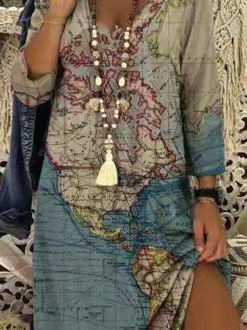 V-neck Earth Print Mid-sleeve Long Dress - LuckyFash™
