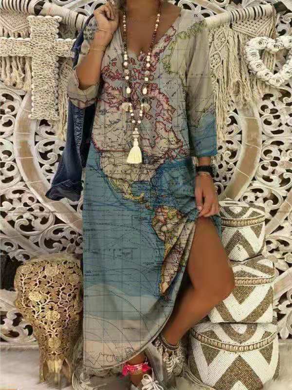 V-neck Earth Print Mid-sleeve Long Dress - LuckyFash™