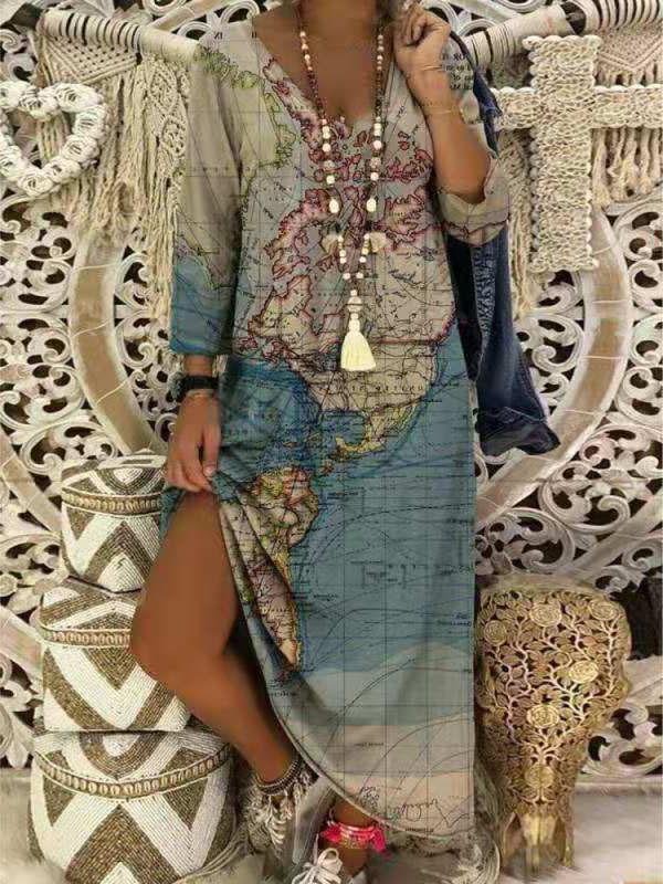V-neck Earth Print Mid-sleeve Long Dress - LuckyFash™