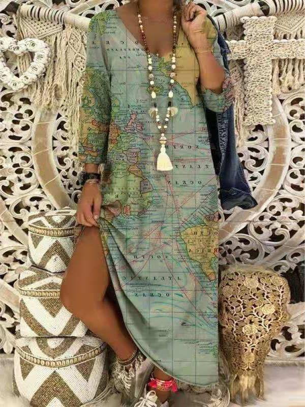 V-neck Earth Print Mid-sleeve Long Dress - LuckyFash™