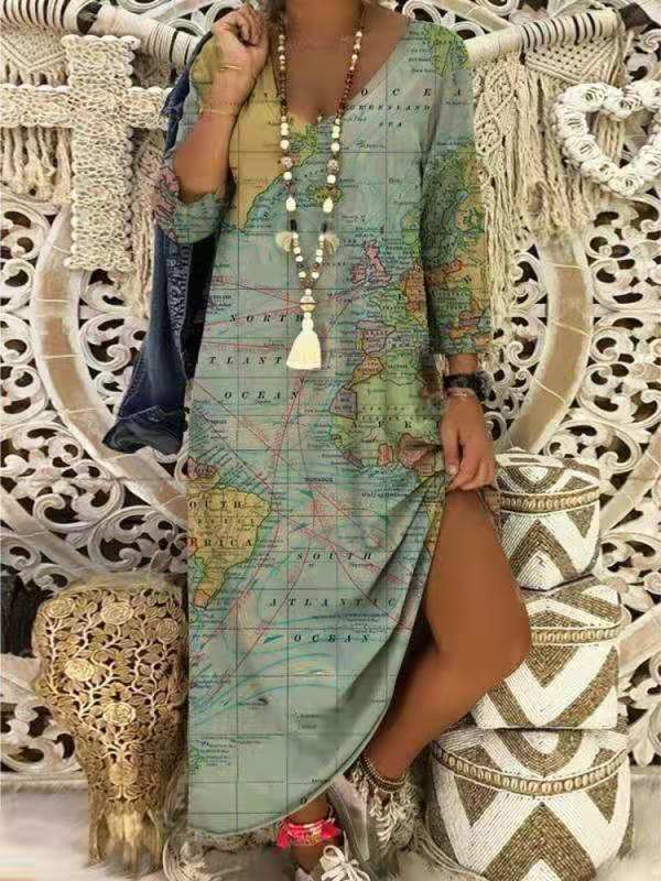 V-neck Earth Print Mid-sleeve Long Dress - LuckyFash™