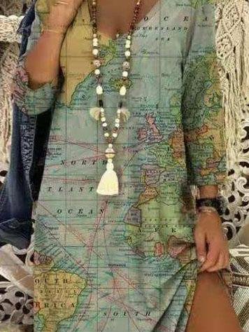 V-neck Earth Print Mid-sleeve Long Dress - LuckyFash™