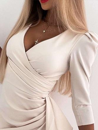 V-Neck Five-Point Sleeve Solid Mini Dress - LuckyFash™