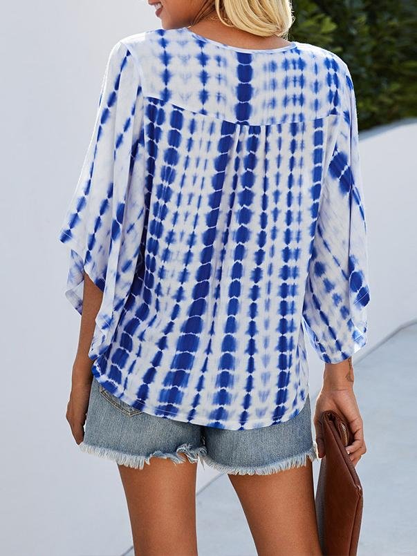 V-neck Five-point Sleeve Tie Dye Printed Loose Blouse - LuckyFash™