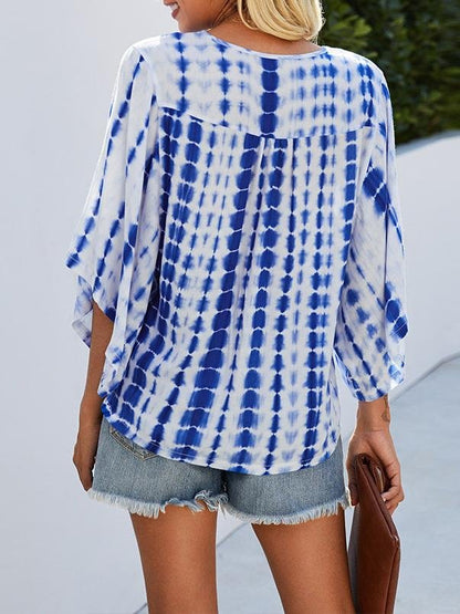 V-neck Five-point Sleeve Tie Dye Printed Loose Blouse - LuckyFash™