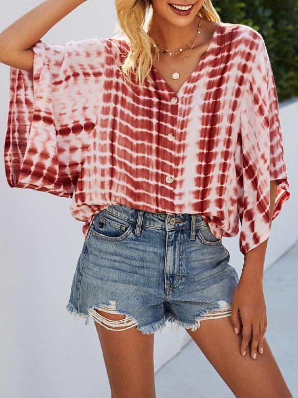 V-neck Five-point Sleeve Tie Dye Printed Loose Blouse - LuckyFash™