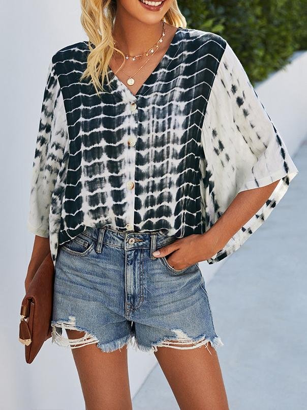 V-neck Five-point Sleeve Tie Dye Printed Loose Blouse - LuckyFash™