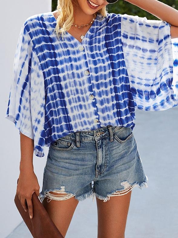 V-neck Five-point Sleeve Tie Dye Printed Loose Blouse - LuckyFash™