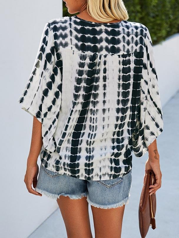 V-neck Five-point Sleeve Tie Dye Printed Loose Blouse - LuckyFash™