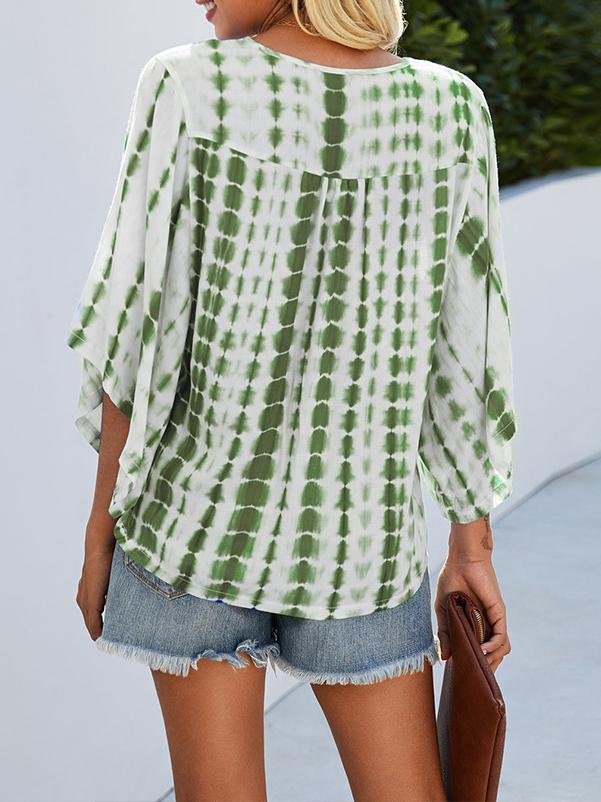 V-neck Five-point Sleeve Tie Dye Printed Loose Blouse - LuckyFash™
