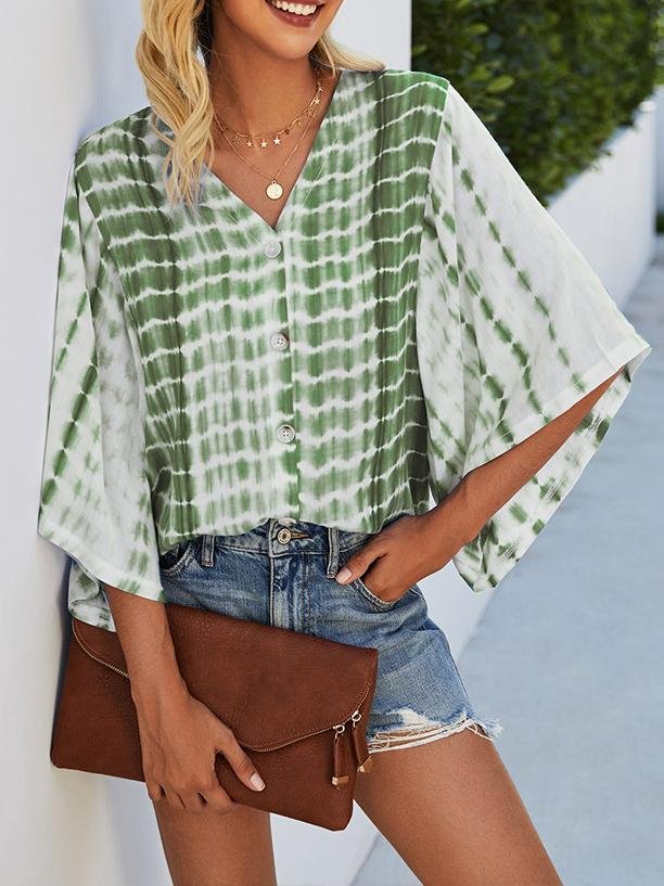 V-neck Five-point Sleeve Tie Dye Printed Loose Blouse - LuckyFash™