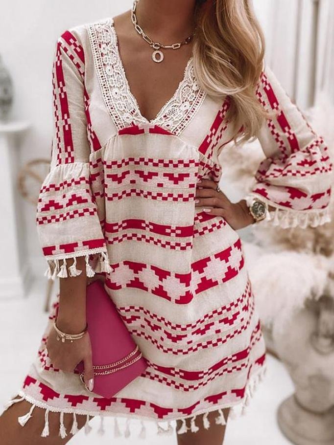 V-neck Geometric Print Flared Sleeve Dress - LuckyFash™