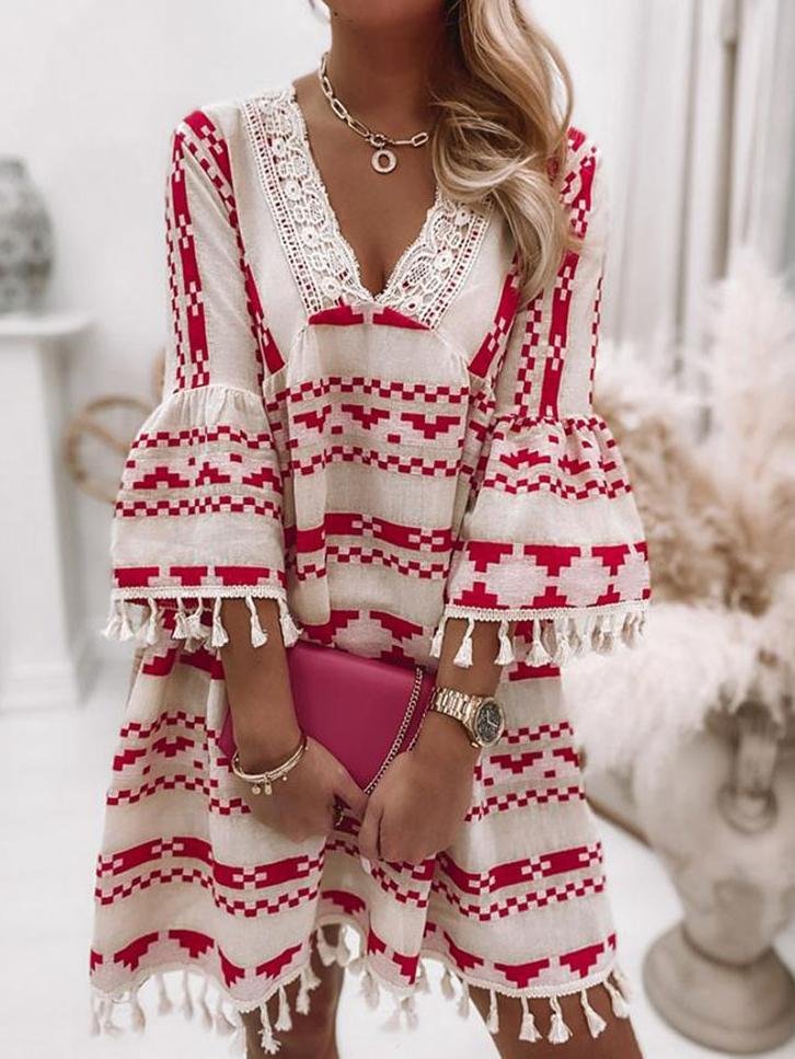 V-neck Geometric Print Flared Sleeve Dress - LuckyFash™