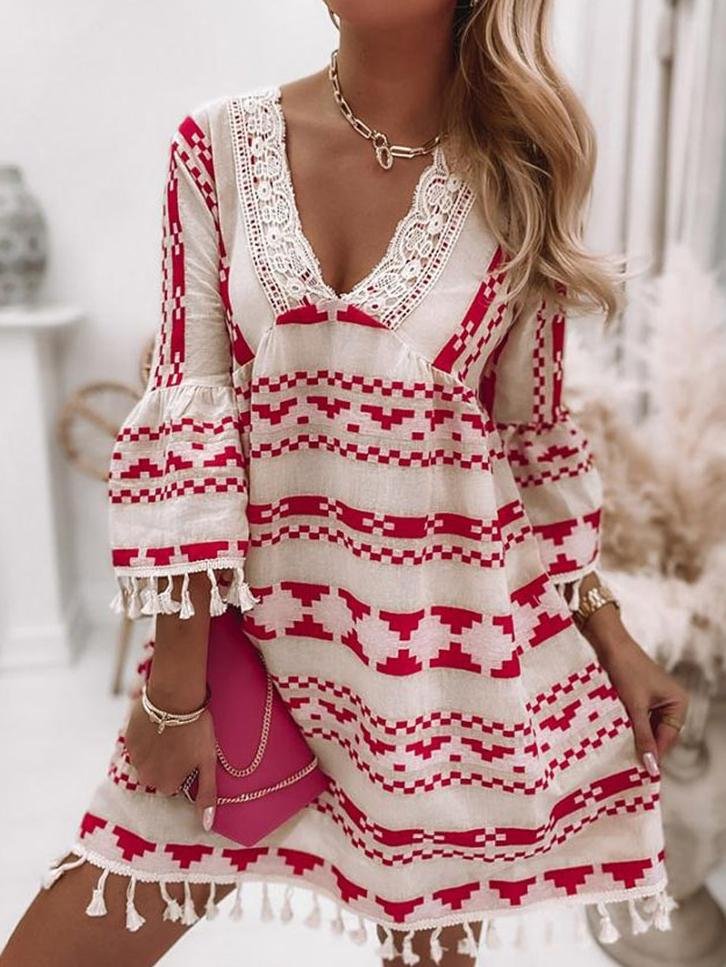 V-neck Geometric Print Flared Sleeve Dress - LuckyFash™