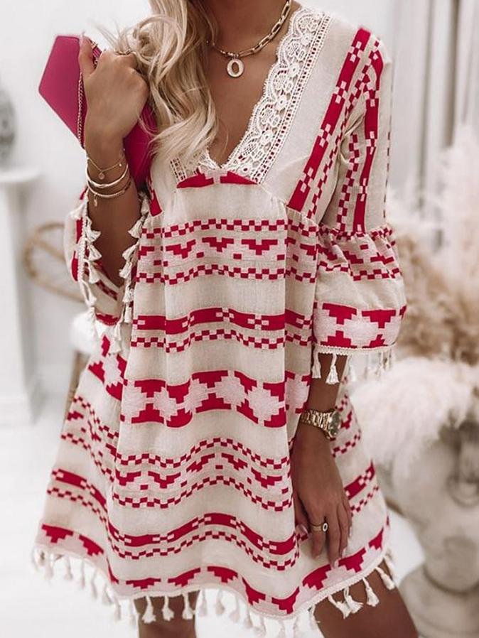 V-neck Geometric Print Flared Sleeve Dress - LuckyFash™