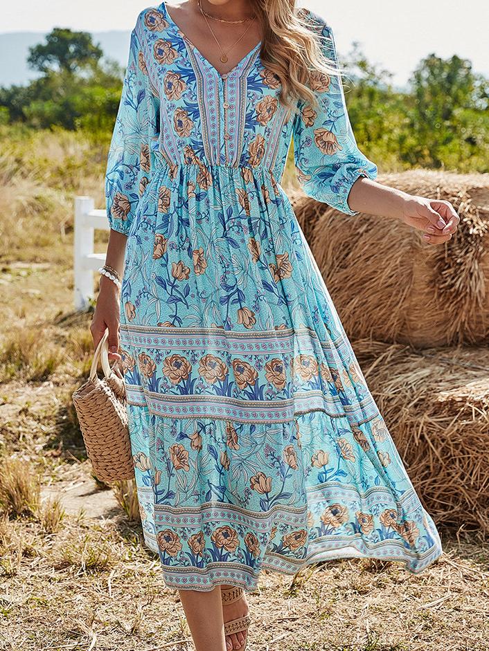 V-Neck High Waist Long Sleeve Bohemian Dress - LuckyFash™