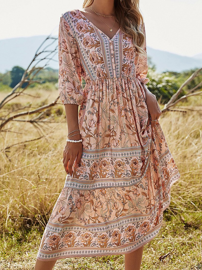 V-Neck High Waist Long Sleeve Bohemian Dress - LuckyFash™