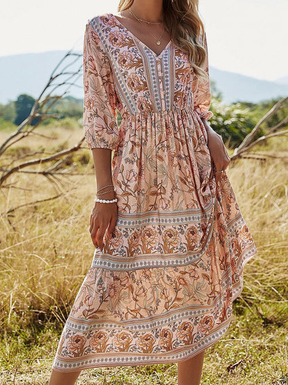 V-Neck High Waist Long Sleeve Bohemian Dress - LuckyFash™