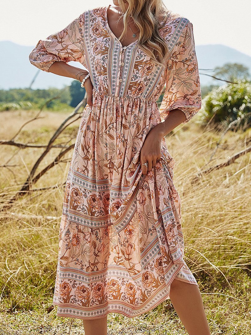 V-Neck High Waist Long Sleeve Bohemian Dress - LuckyFash™