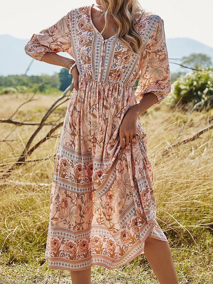 V-Neck High Waist Long Sleeve Bohemian Dress - LuckyFash™