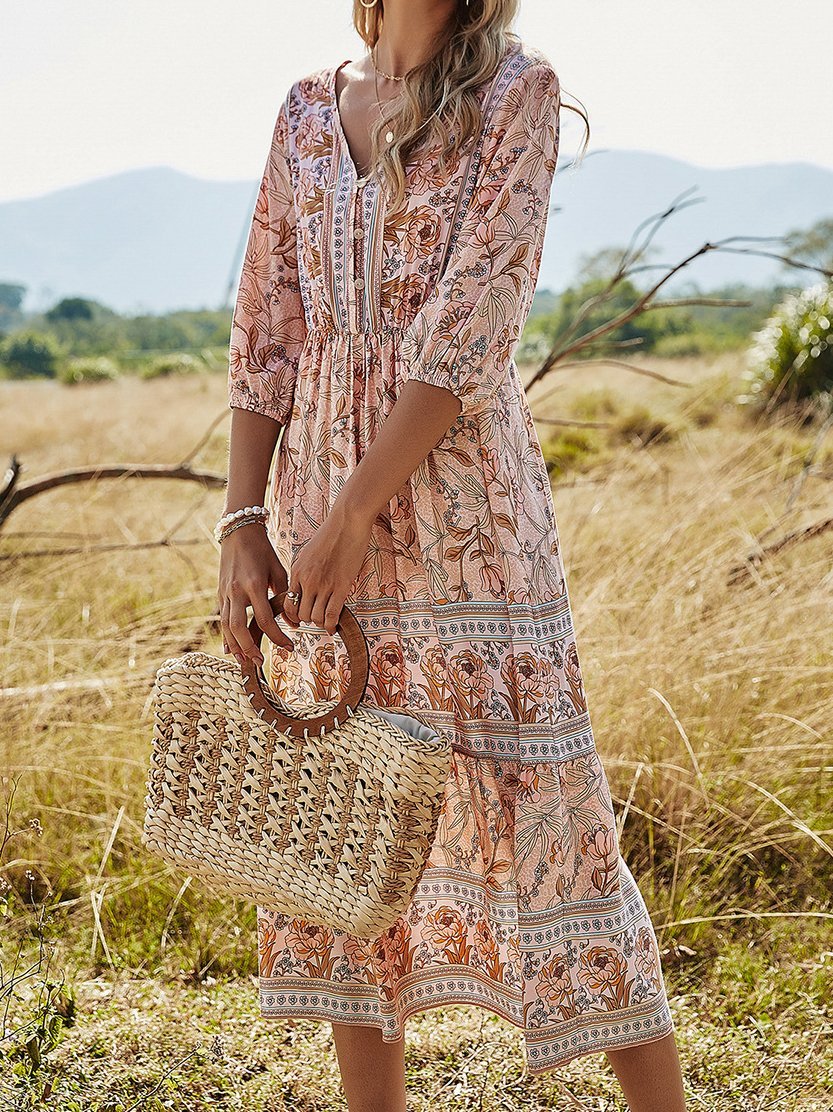 V-Neck High Waist Long Sleeve Bohemian Dress - LuckyFash™
