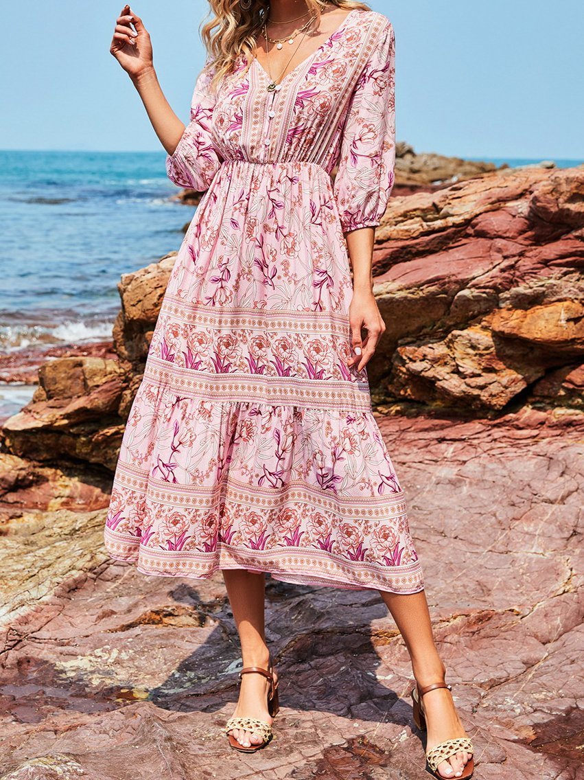 V-Neck High Waist Long Sleeve Bohemian Dress - LuckyFash™