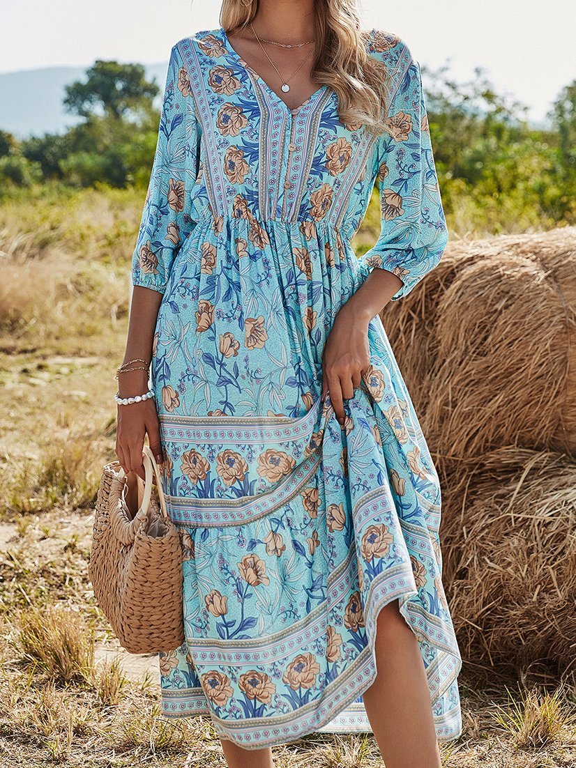 V-Neck High Waist Long Sleeve Bohemian Dress - LuckyFash™