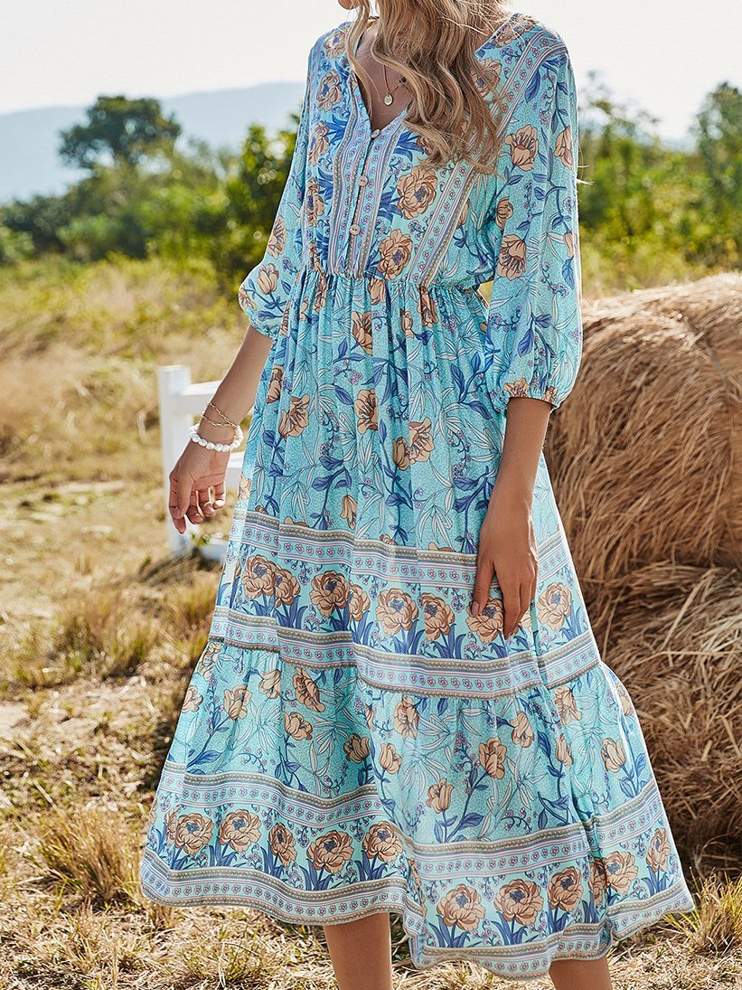 V-Neck High Waist Long Sleeve Bohemian Dress - LuckyFash™