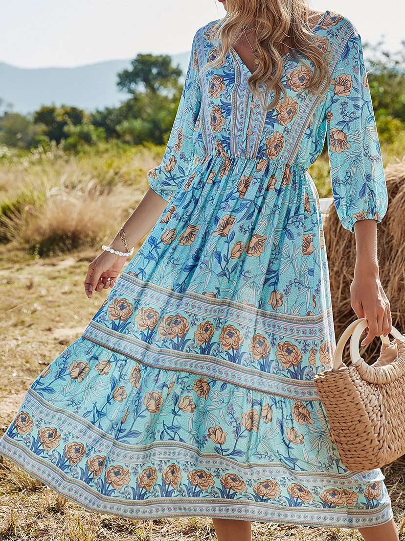 V-Neck High Waist Long Sleeve Bohemian Dress - LuckyFash™