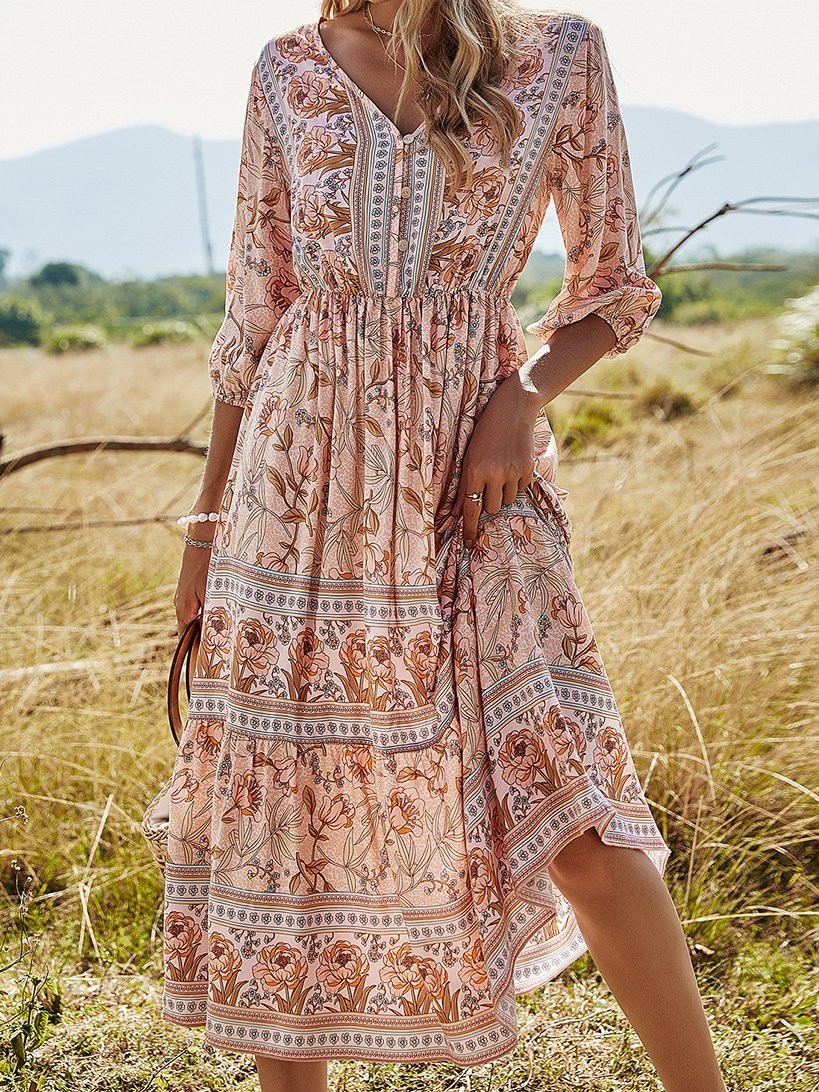 V-Neck High Waist Long Sleeve Bohemian Dress - LuckyFash™