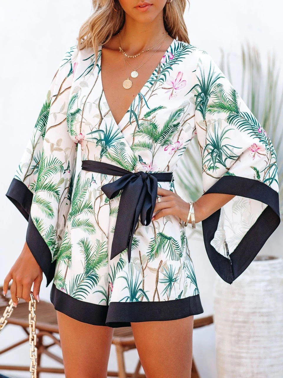 V-neck Lace-up Bat Sleeve Short Jumpsuit - LuckyFash™