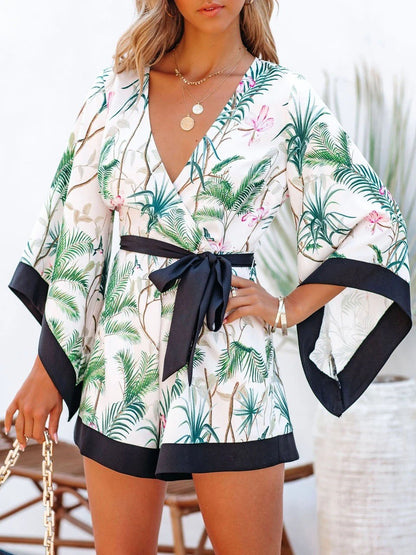 V-neck Lace-up Bat Sleeve Short Jumpsuit - LuckyFash™