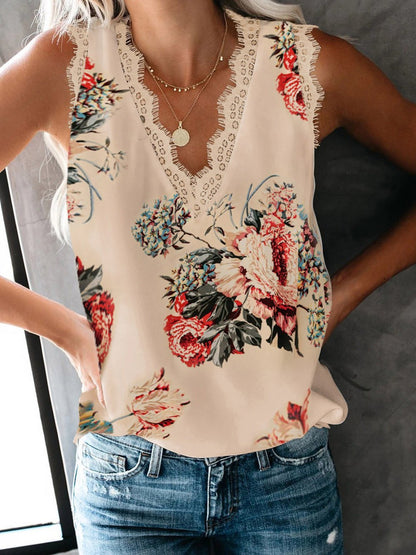 V-Neck Lashes Lace Sleeveless Print Tank Tops - LuckyFash™