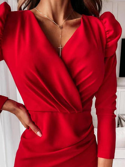 V-Neck Long Sleeve Slim Puff Sleeve Dress - LuckyFash™
