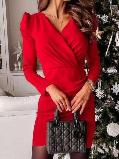 V-Neck Long Sleeve Slim Puff Sleeve Dress - LuckyFash™
