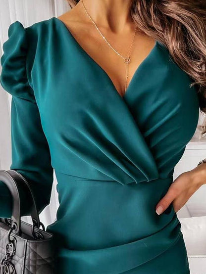 V-Neck Long Sleeve Slim Puff Sleeve Dress - LuckyFash™