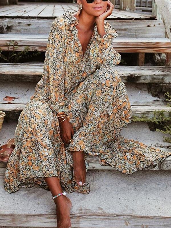 V-neck Long-sleeved Casual Floral Big Swing Dress - LuckyFash™