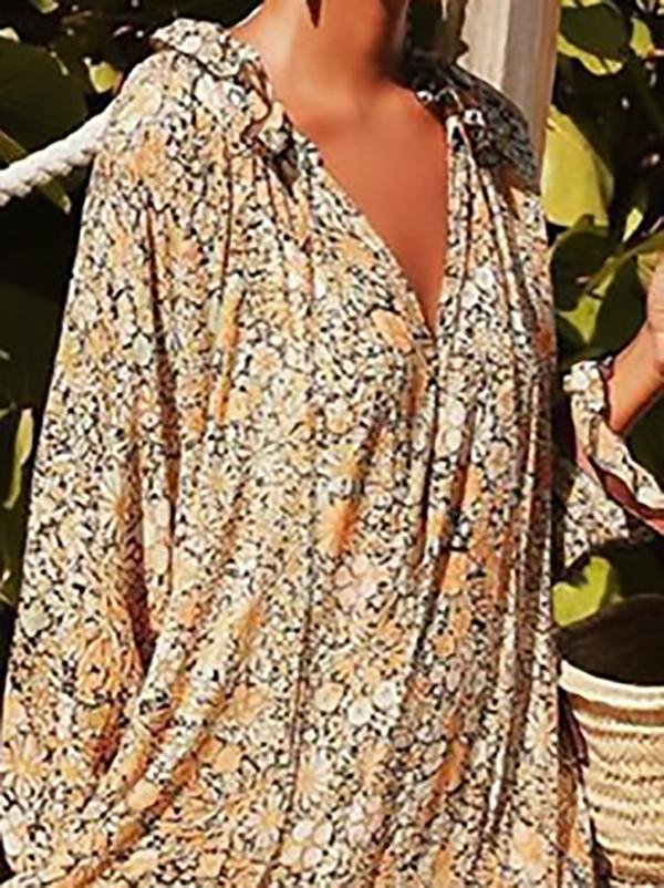 V-neck Long-sleeved Casual Floral Big Swing Dress - LuckyFash™