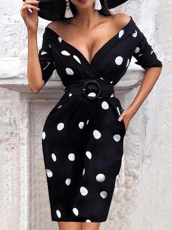 V-Neck Polka Dot Long Sleeve Dress - LuckyFash™