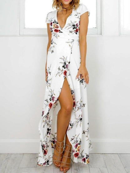 V-neck Print Split Beach Long Dresses - LuckyFash™
