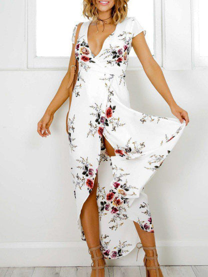 V-neck Print Split Beach Long Dresses - LuckyFash™