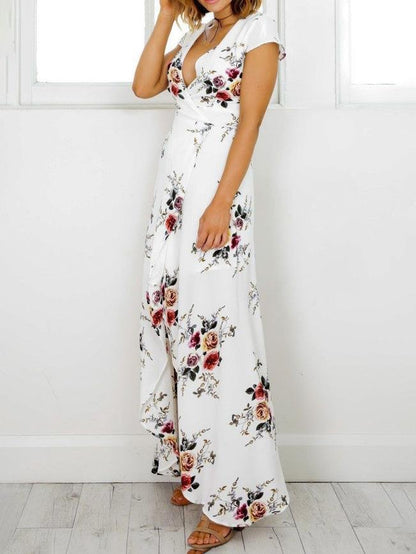 V-neck Print Split Beach Long Dresses - LuckyFash™